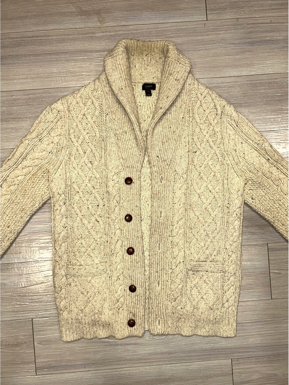 J.Crew Wool Cable Knit Shawl Collar Cardigan Sweater Oatmeal Size S Knit